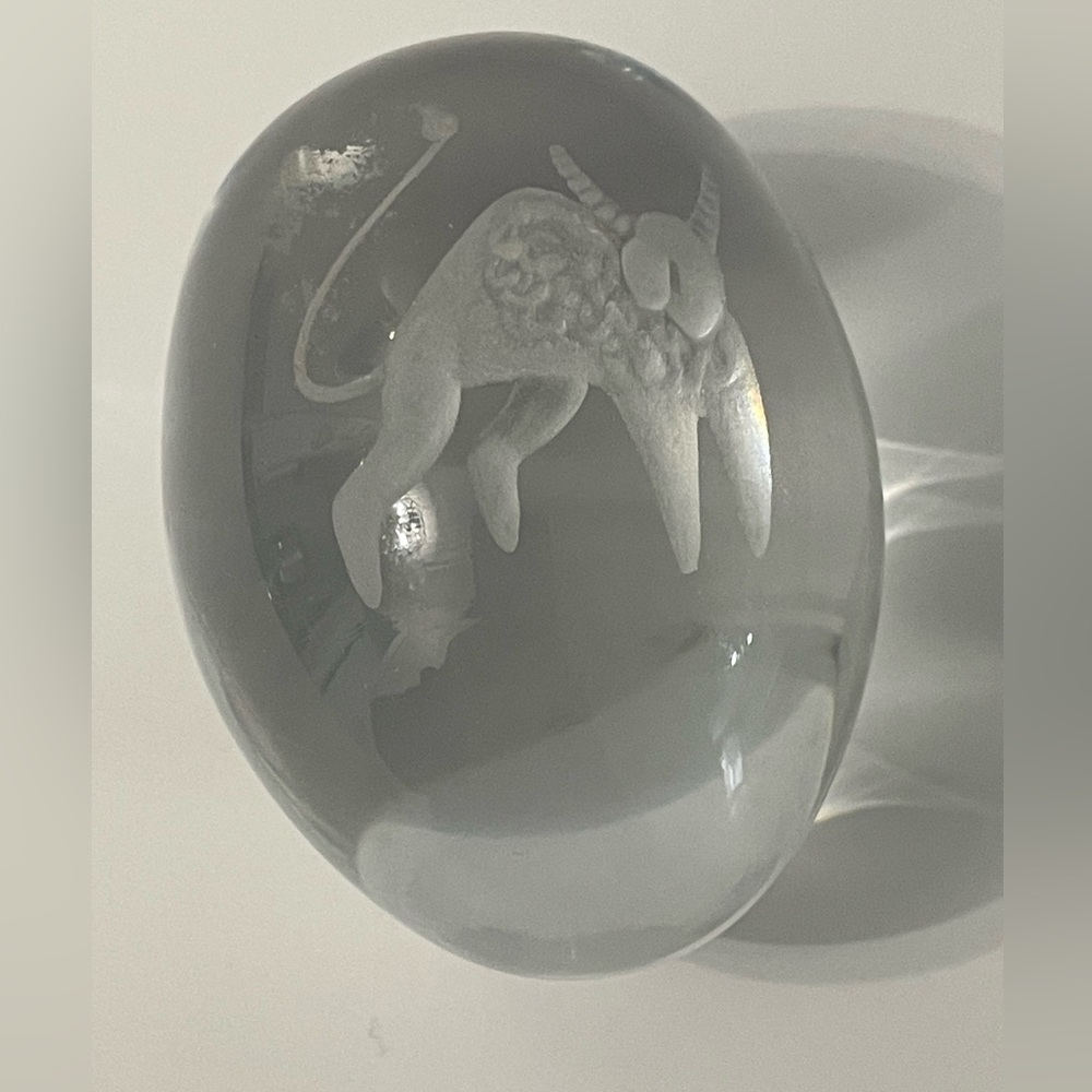 Ekenas Sweden Lead Crystal Glass Egg Etched Bull with Horns Paperweight Taurus